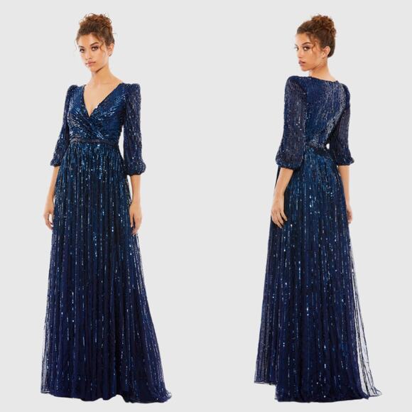 New Mac Duggal Sz 10 Midnight Blue Sequined Wrap Over 3/4 Sleeve Evening Gown - Picture 1 of 10